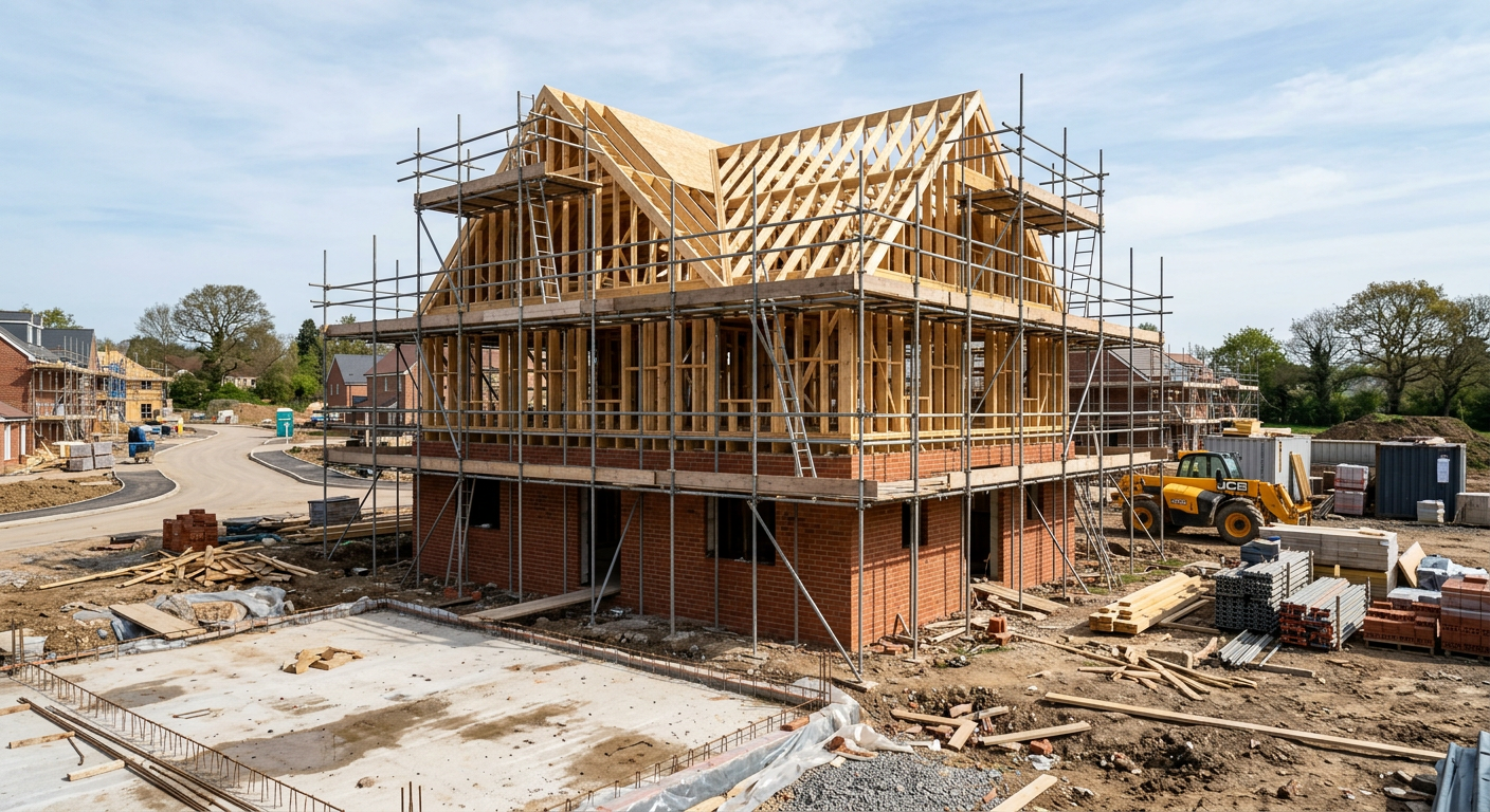 Timber framing and brickwork on a new home under construction