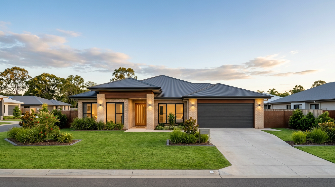 New brick family home with a landscaped front yard