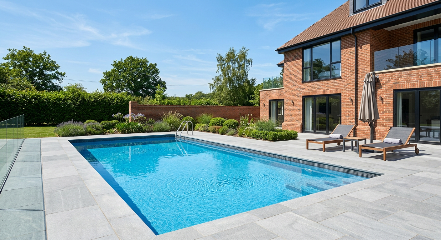 Residential backyard swimming pool beside a new brick home